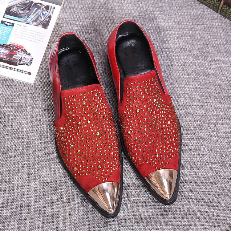 Spring summer fashion loafers rhinestones casual shoes men pointed toe slip on real leather shoes nightclub bar party shoes