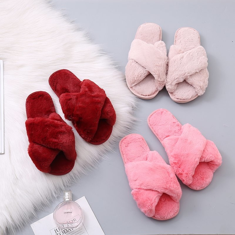 Fashion Women Cozy Fluffy Slippers Cozy Faux Fur Cross Indoor Floor Slides Flat Soft Furry Ladies Female Celebrity Flip Flops