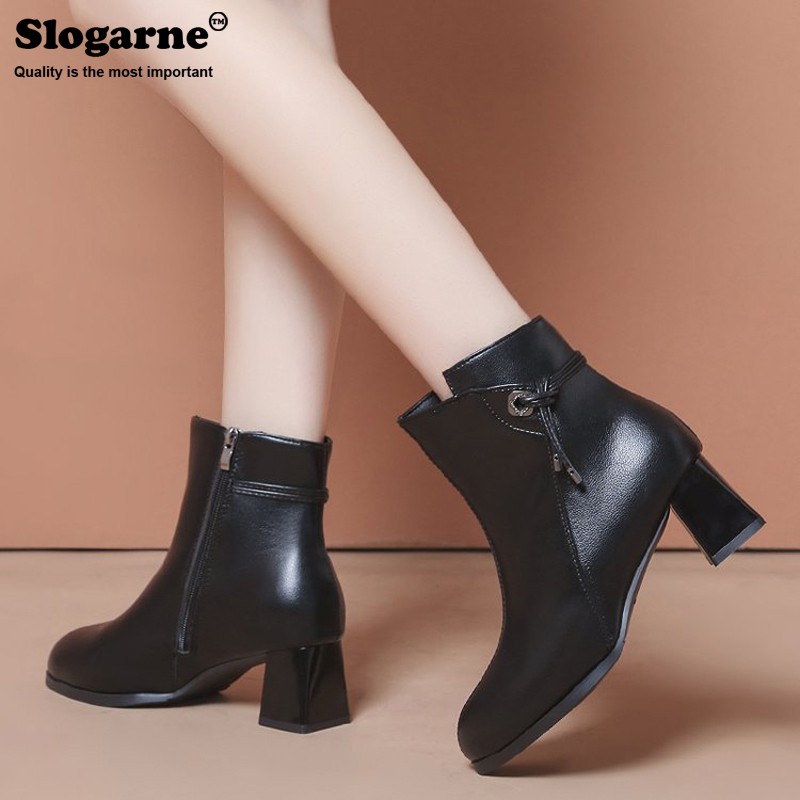 Women's High Boots Spring Autumn Short Ankle Boots High Heels Female Fashion Leather Bottes Waterproof Shoes Side Zippers Pumps