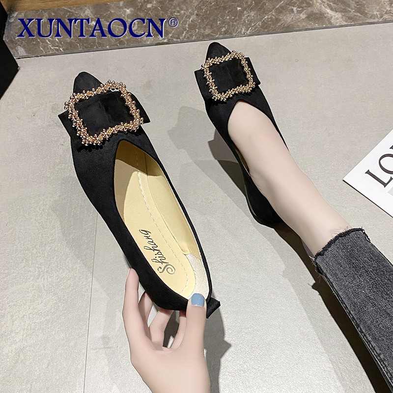Summer women's shoes sexy pointed square buckle decorative comfortable corduroy fabric banquet flat shoes 2022 new large size