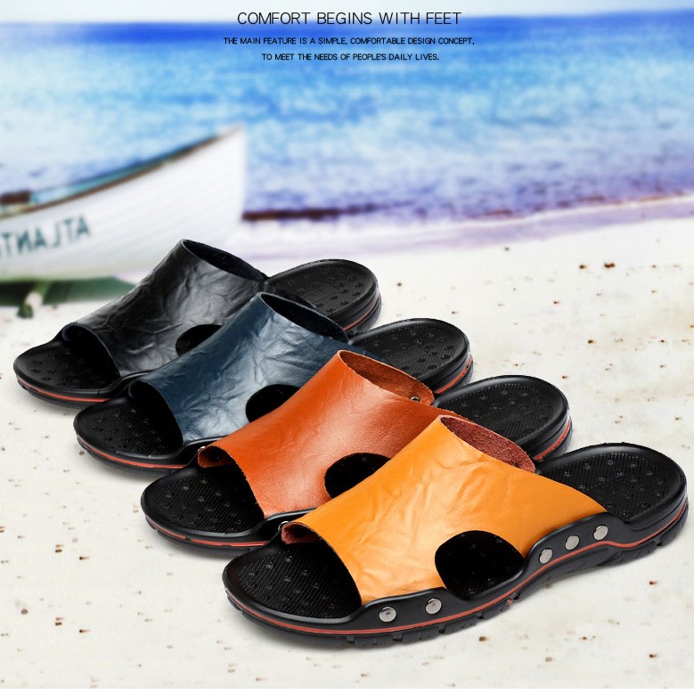 Shoes For Men Summer Slippers Genuine Leather Mens Flip Flops Comfortable Brown Beach Slides Bathroom Shoes Casual Home Slippers