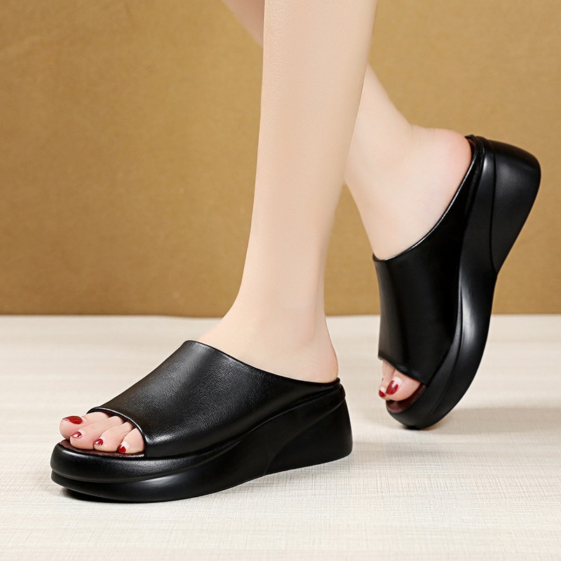 Rimocy 2021 Summer Women Thick Bottom Wedges Slippers New Fashion Soft Leather Platform Sandals Woman Peep Toe Beach Slides