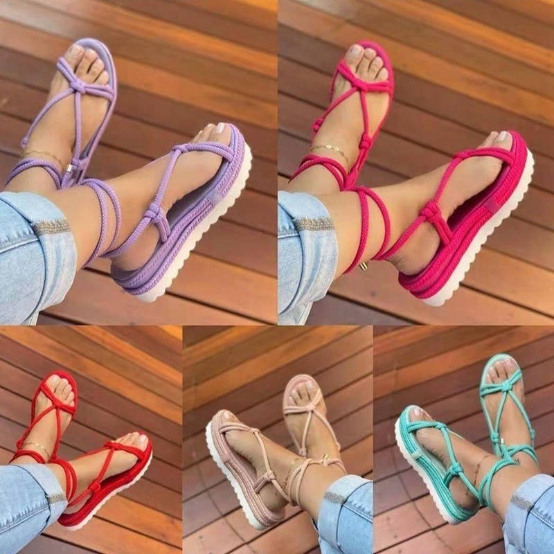 2022 Women Gladiator Flat Ankle Wrap Sandals Ladies Wedge Female Fashion Lace-up Shoes Women's Shoes Sandals Plus Size 43