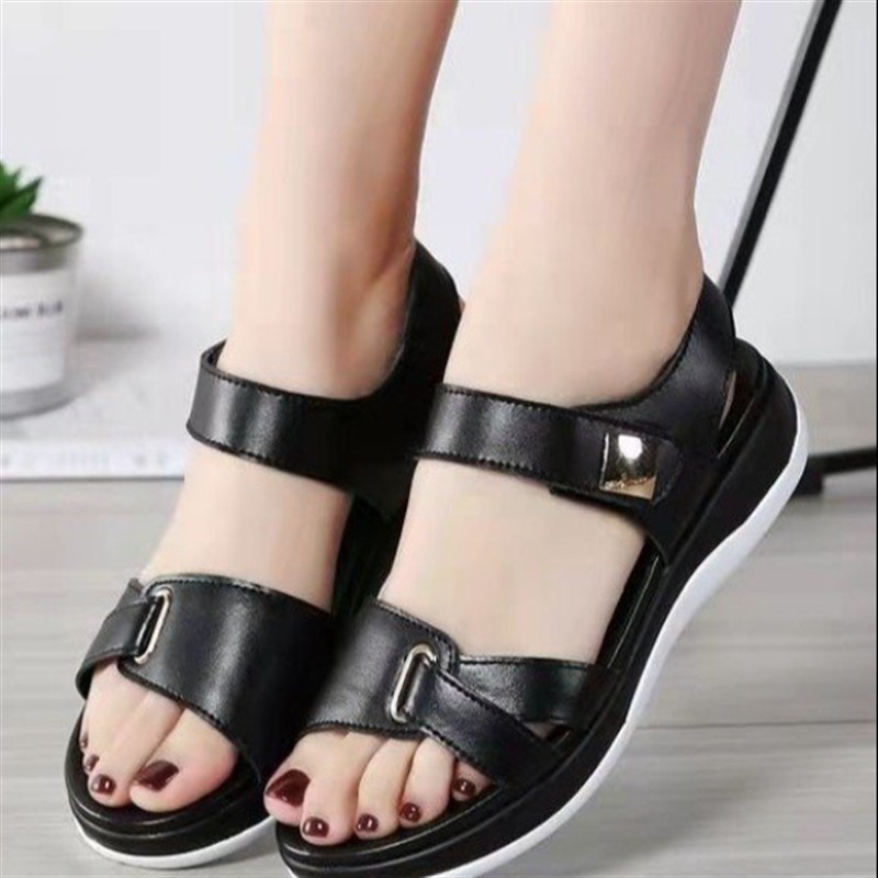 2022 Summer Fashion Women Ladies Mother Genuine Leather Shoes Sandals Flats Soft Hook Loop Korean Bling Summer Beach Size 35-40