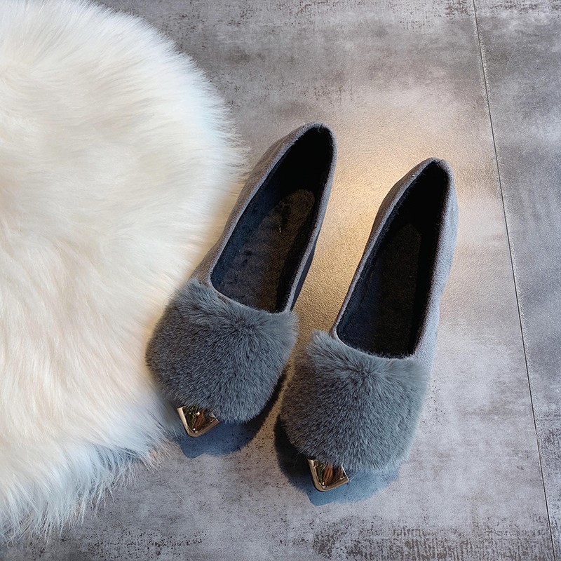 Shallow Mouth Women Autumn Fur Loafers Sneakers Female Plain Metal Pointed Toe Flats Women's Shoes