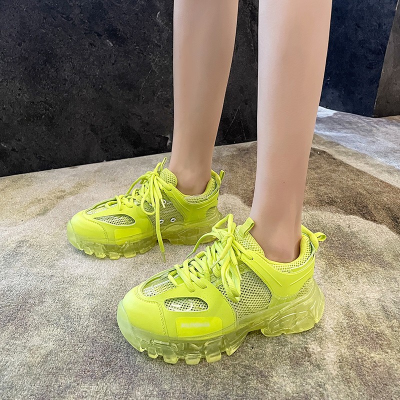 2022 New Fashion Thick Sole Women Sneakers Transparent Jelly Sneakers Chunky Air Mesh Sneakers Lace Up Shoes