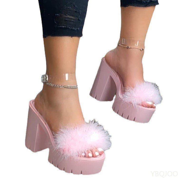 Ladies beach sandals banquet women's new fur rubber high-heeled platform sandals outdoor leisure buckle slippers