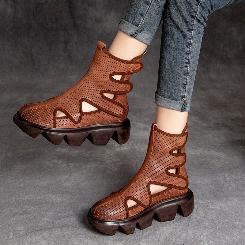 202NEW Women Summer Sandals Mid Heels Wedges Ladies Shoes Vintage Genuine Leather Plus Size Sandalias