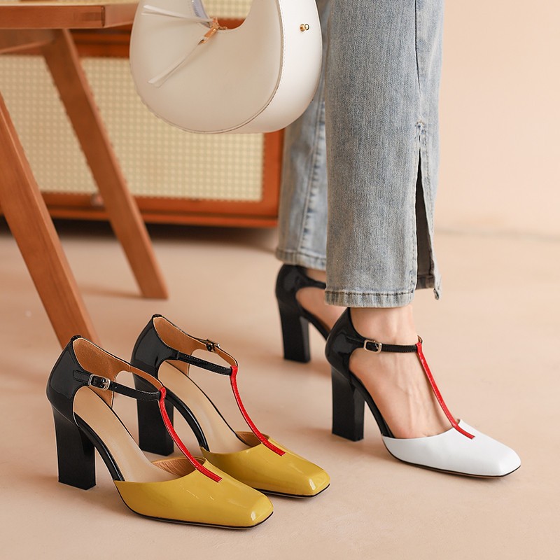 FEDONAS Women Pumps Spring Summer Fashion Mixed Colors T-strap Genuine Leather Square Toe High Heels Woman Party Office Shoes