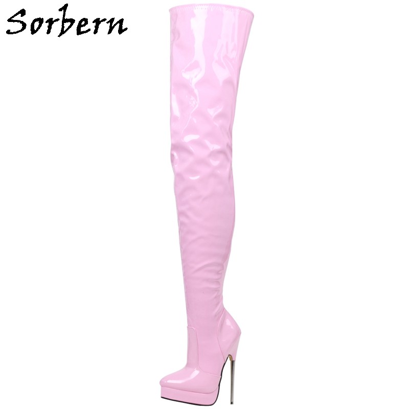 Sorbern Unisex Crotch Thigh High Boots 18cm Metal High Heel Long Boot Shoes Ladies Platform Spike Hard Walking Boot Pointy Toes