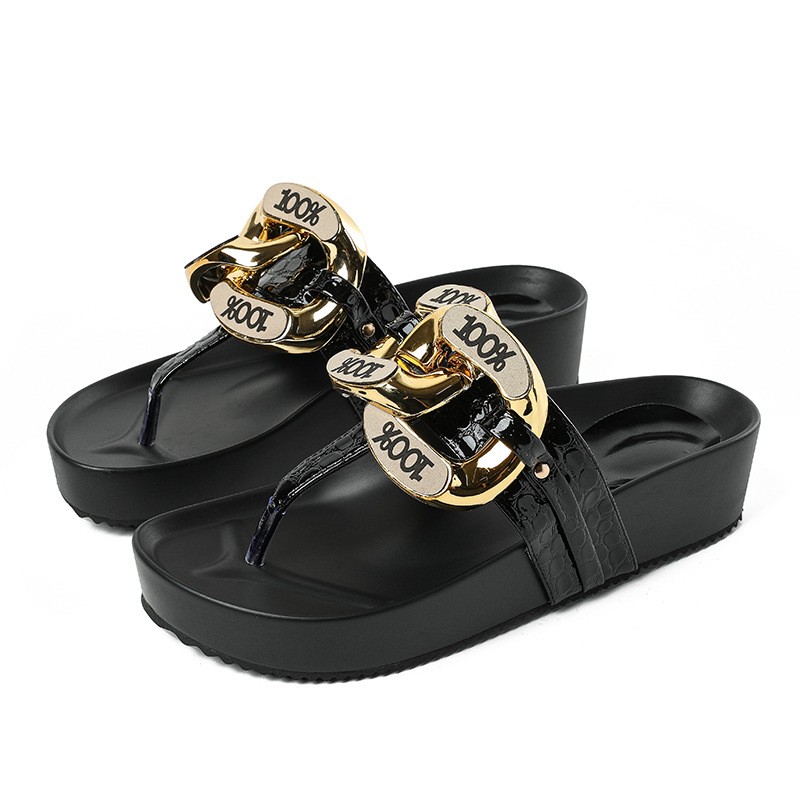 2022 New Women Sandals Slippers Simple Open Toe Metal Buckle Fashion Muffin Thick Bottom Flip Flops Women Summer Outer Wear