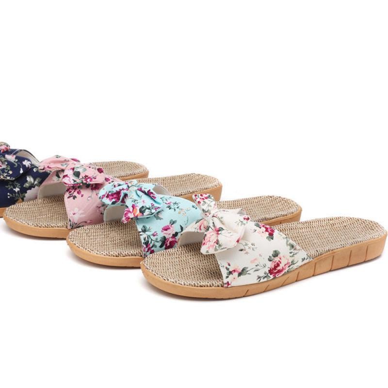 Women Summer Beach Slippers Female Breathable Floral Bow Linen Slippers Sandals Woman Non-slip Flats Female Flip Flop Fashion