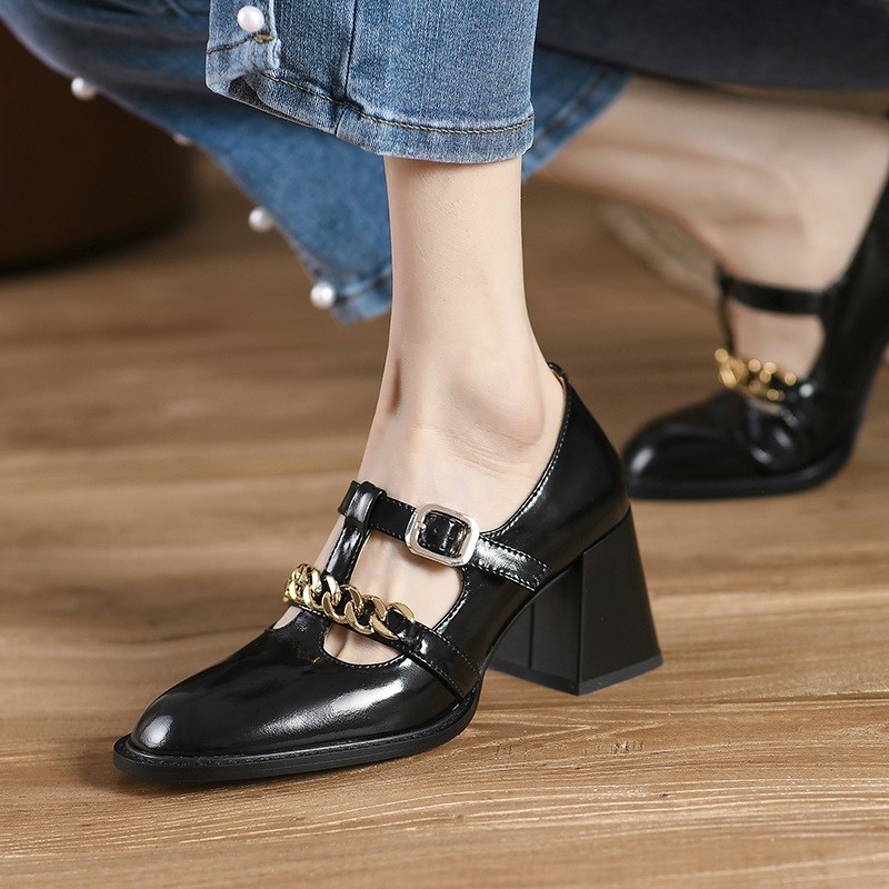 Tuyoki Genuine Leather Women Pumps Fashion Chunky High Heel Shoes Woman Chain Dress Office Lady Daily Shoes Size 34-39