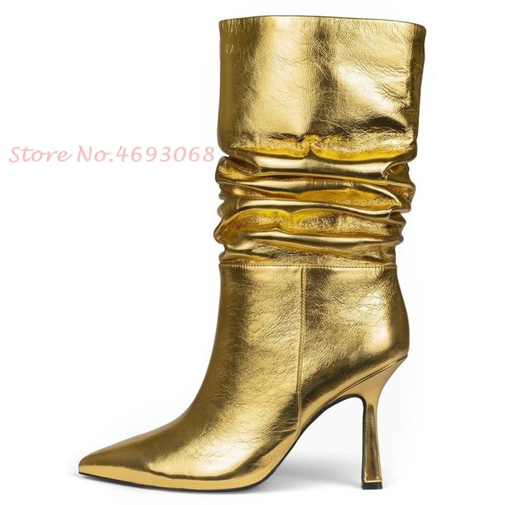 Metallic Leather Mid-Calf Boots Pleated Thin Heels Women Sexy Slip-On Pointed Toe Modern Boots 2022 Spring British Style Boots