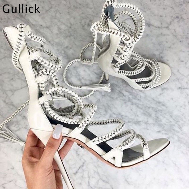 Strappy Heel Sandals Metal Chains Wrap High Heel Shoes Ankle Straps Tassel Gladiator Summer Hollow Dress Shoes Sandals