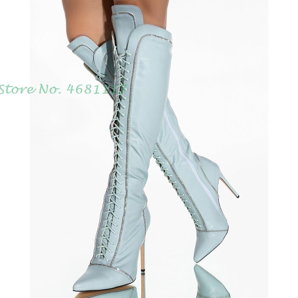 Light Blue Knee High Boots Lace-up Chic Pointed Toe Leather Splicing Long Boots Sweet Thin Heels Fashion Women Shoes Spring 2022