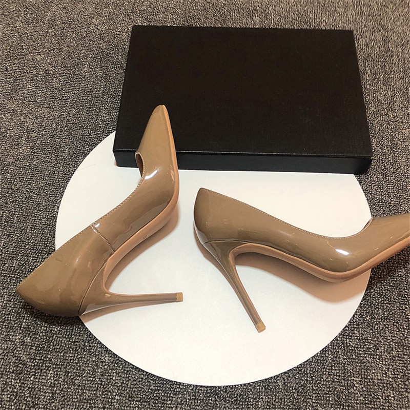 Khaki PU Leather Women Super 12cm High Heels Sexy Ladies Pointed Toe Stiletto 10cm Pumps Party Shoes Plus Size qkf008 ROVICIYA