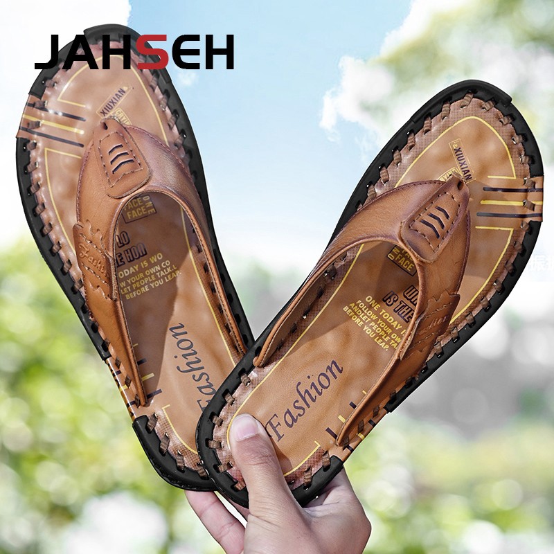 Brand handmade slippers high quality genuine leather men flip flops original design indoor and outdoor soft beach casual shoes