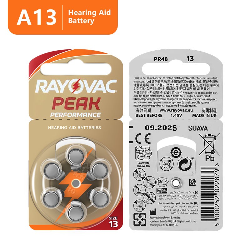 Hearing Aid Batteries 60pcs/10cards RAYOVAC Peak 1.45V 13A A13 13 P13 PR48 Zinc Air Battery for BTE CIC Rick OE Hearing Aids