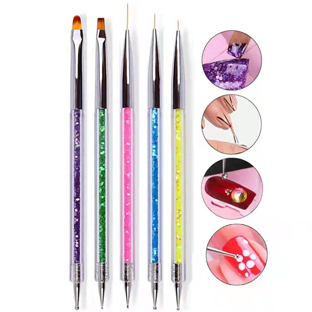 Nail Art Pen 2 in 1 Double Ends Dotting Drawing Painting Carving Dotting Pen Flat Fan Liner Acrylic Gel Brush Set