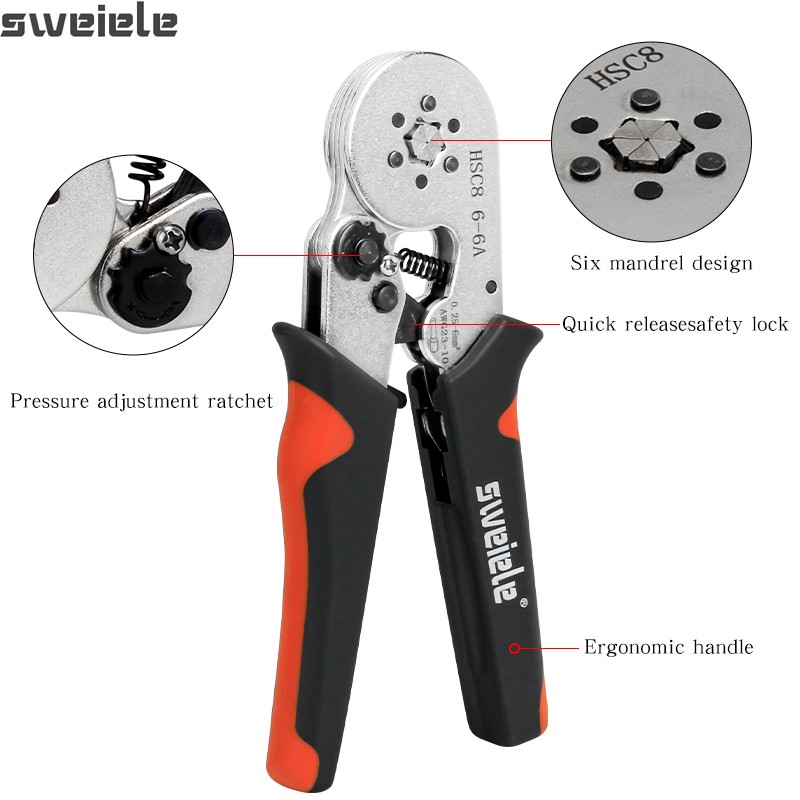 HSC8 6-4A Tubular End Crimping Pliers 0.25-10mm²/6-6A 0.25-6mm² Hand Tool Small Wire Installation Kit