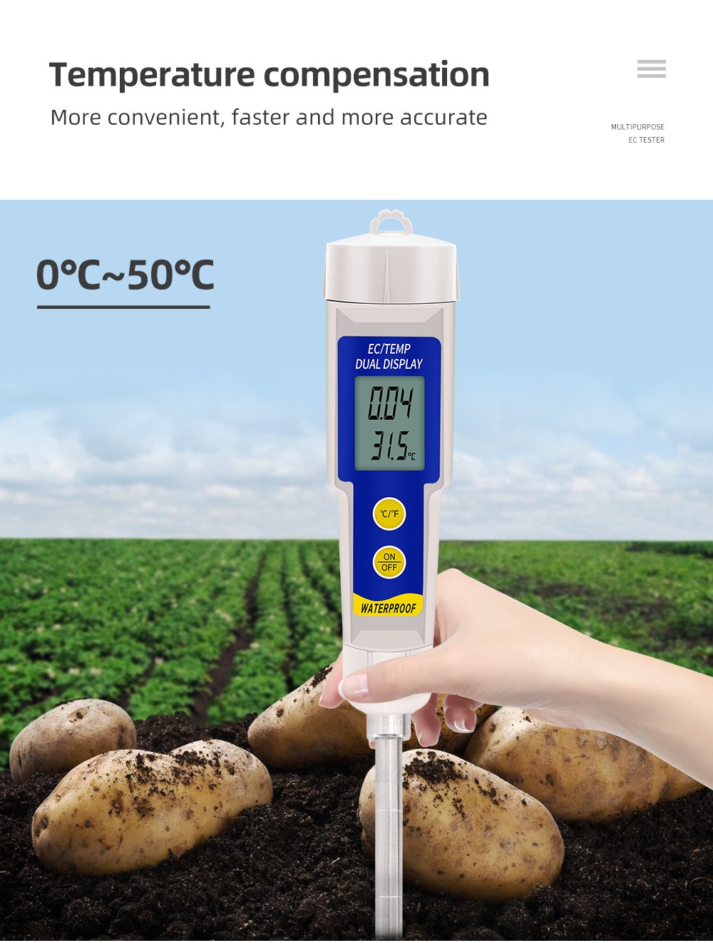 EC-315 Soil Meter 2 in 1 Soil EC and Temperature Meter Waterproof 0 ~ 4.00 mS/cm Multipurpose Conductivity Tester with ATC 50% Off