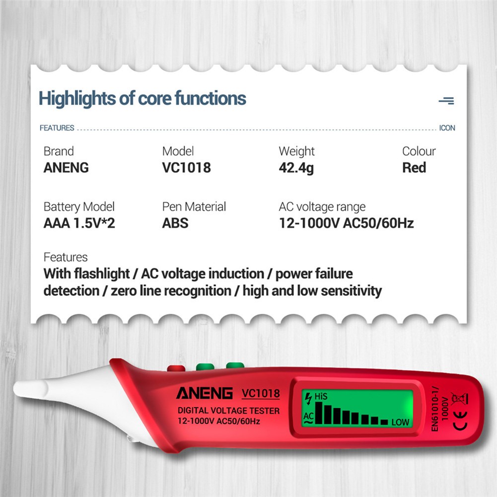 ANENG - VC1018 Smart Digital Tester Non-contact Power Tools Sensor AC Voltage Meter 12V-1000V