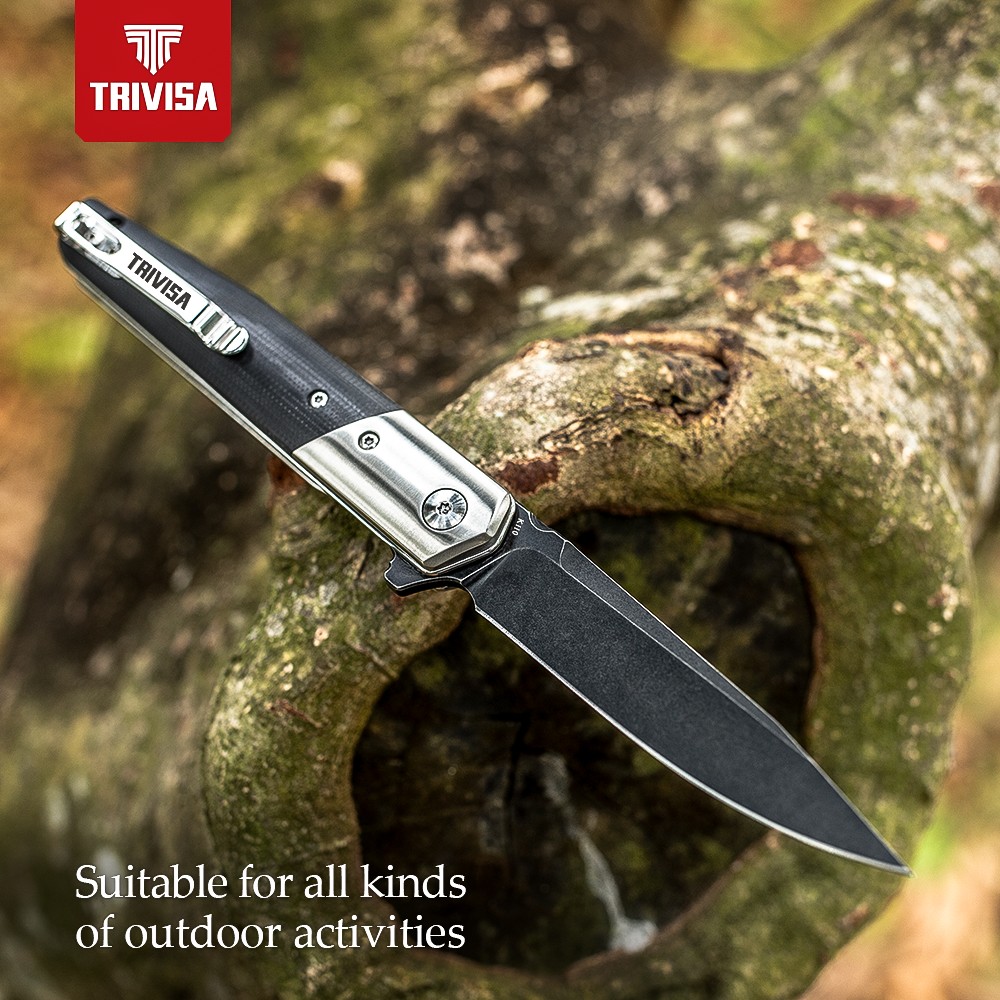 TRIVISA Folding Pocket Knife G10 Handle with Flipper 3.54" BOHLER K110 Blade Tactical Knives with Clip EDC Hunting Tool for Men