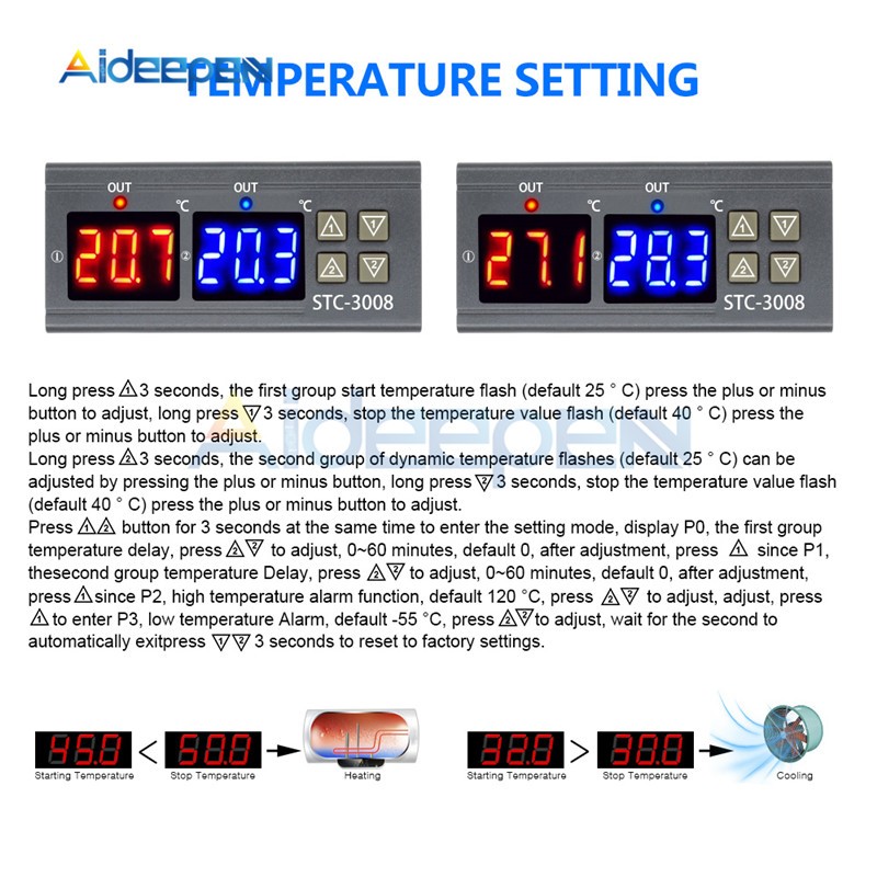 STC-3008 3018 3028 AC 110V 220V DC 12V 24V 10A المزدوج درجة الحرارة الرقمية تحكم الرطوبة التدفئة التبريد اثنين تتابع الانتاج