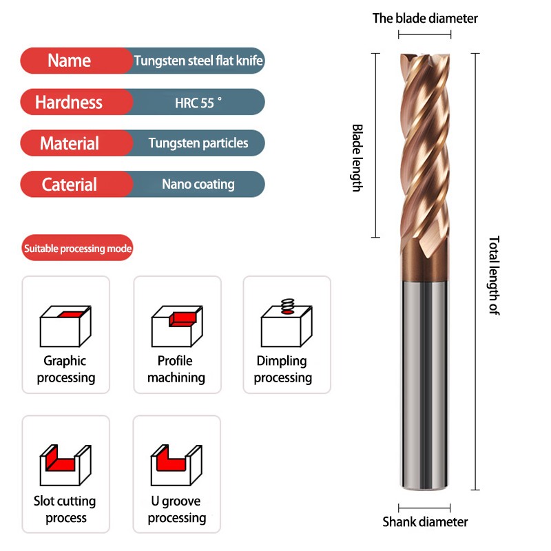 HRC55 Carbide End Mill 1 2 4 5 6 8 10 12mm 4Flutes Milling Cutter Iron Cutter CNC Maching CNC EndMill Milling Cutter