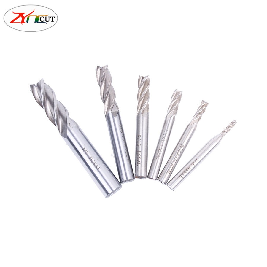 6pcs/set 1/16 3/32 1/8 5/32 3/16 1/4 inch High Speed ​​Steel 4 Flute English End Mill Cutter HSS Straight Shank Milling Cutter