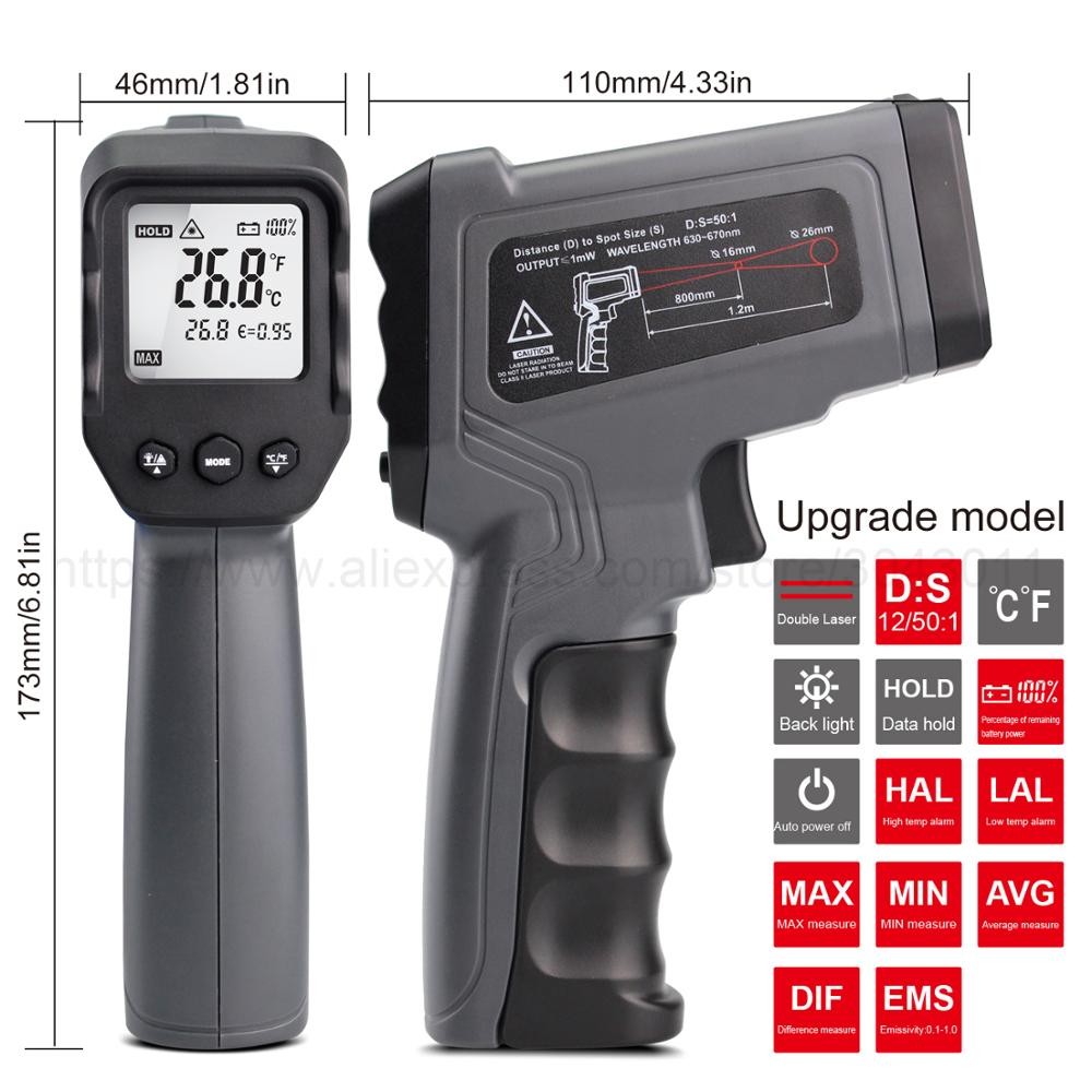 Temperature Gun, Infrared Gun Temperature Measurement Single and Dual Laser Touchless Thermometer 380/550/750/1100/1300/1600 Celsius