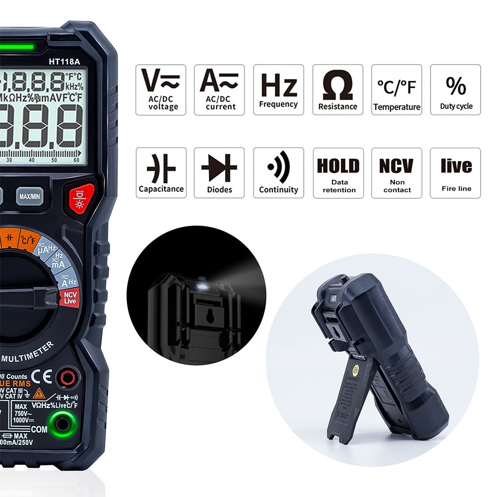 KAIWEETS HT118A New Digital Multimeter Ture RMS Auto Range Multimeter 1000V 10A AC DC Ohm Hz NCV Live Voltage Thermometer