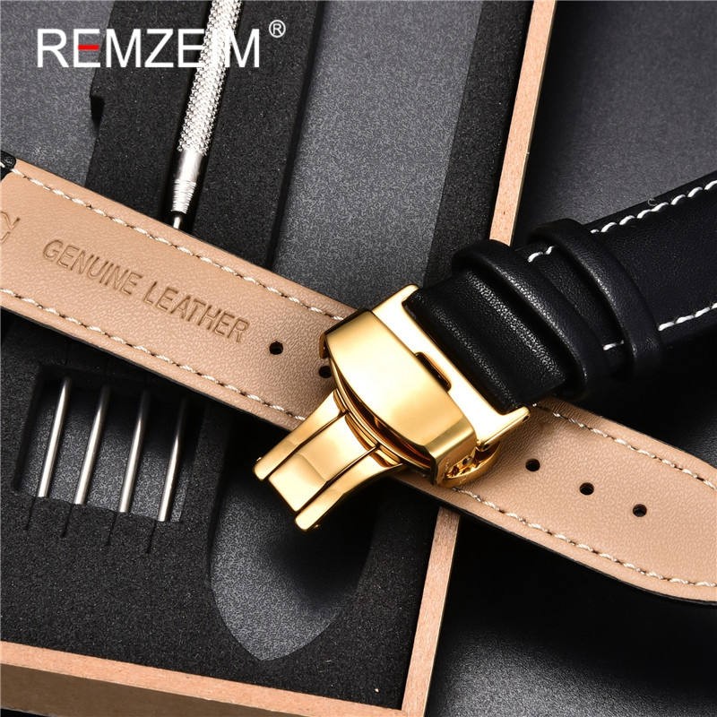 Rimzm Soft Calfskin Leather Watches 18mm 20mm 22mm 24mm Straps Automatic Butterfly Clasp Watch Accessories With Box