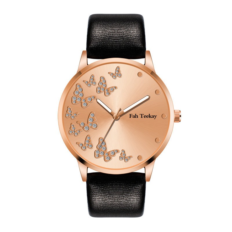 Fashion hot sale butterfly pattern gold faced women's quartz watch leather strap casual women's watch