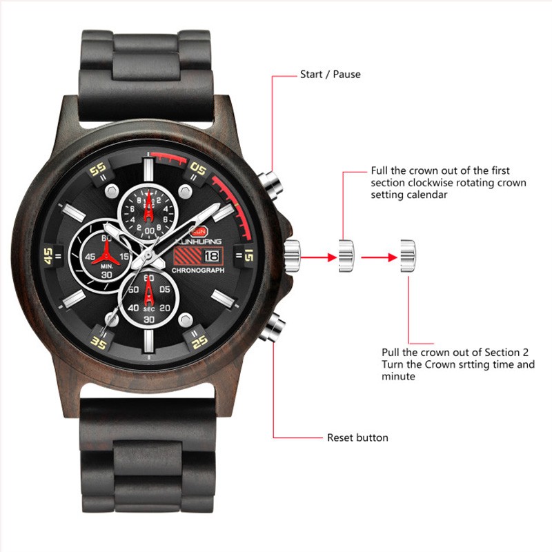 Kunhuang Men Watches Luxury Brand Wooden Walnut Sport Quartz Watch Men Fashion Date Chronograph Watch Relogio Masculino