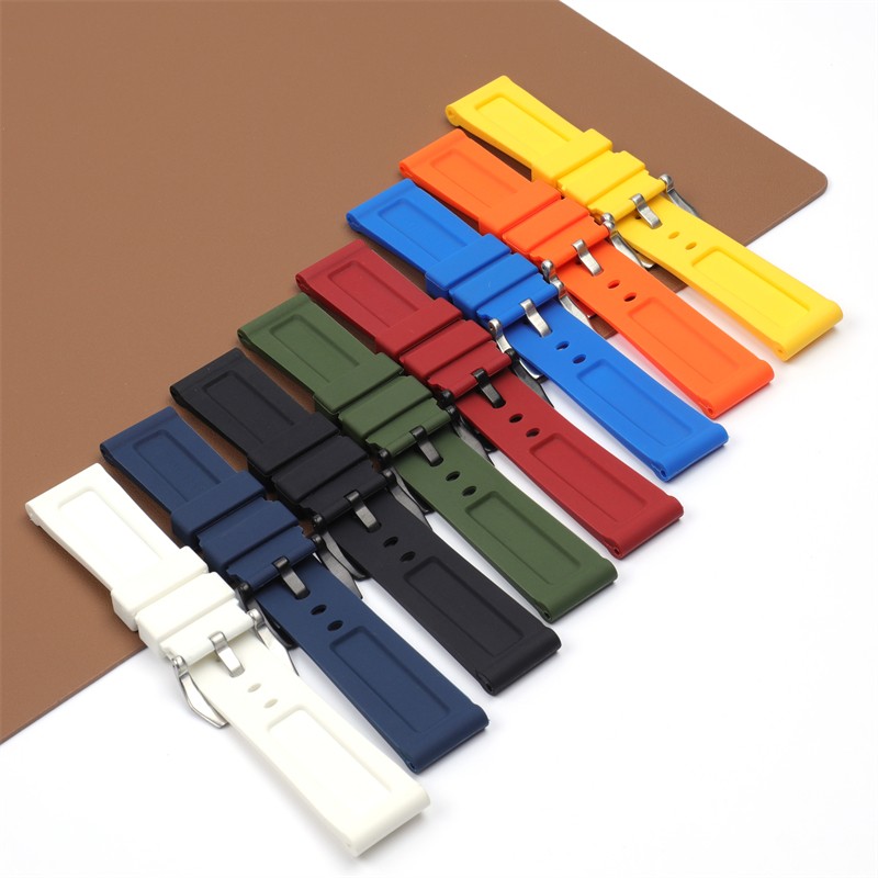 High Quality Black Blue Red Orange Army Green Watchband Silicone Rubber Strap for Panerai Pin Buckle 22mm 24mm 26mm