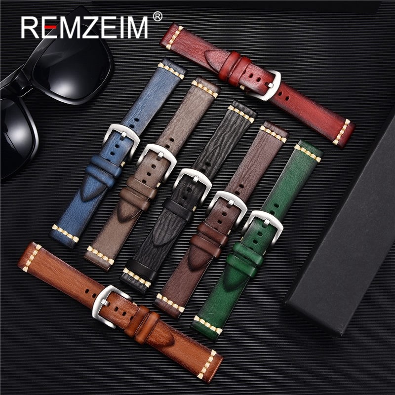 RIMSAM Quality Genuine Leather Watch Strap 18mm 20mm 22mm 24mm Fashion Green Watch Accessories Watchband With Solid Button