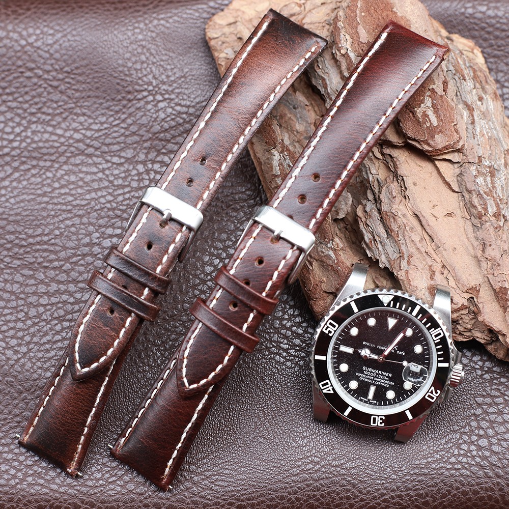 Retro Cowhide Watch Strap 20mm 22mm Red Brown Dark Coffee Half Arc Deformed Oil Wax Genuine Leather Strap Watchband Replacement Strap