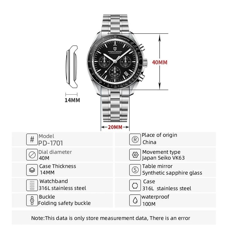 PAGANI Design Speedmaster Seiko VK63 Men's Quartz Wristwatch Luxury 100M Waterproof Sapphire Chronograph Steel Watches