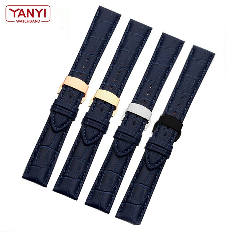 Genuine Leather Bracelet Dark Blue Watch Strap Butterfly Clasp Watchband Size In 16mm 18mm 20mm 21 22mm 23mm Watch Band