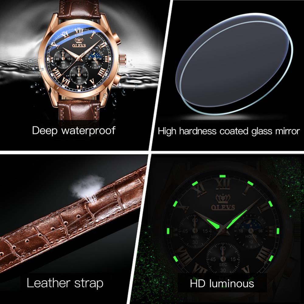 OLEVS 2020 New Fashion Men's Watches With Brown Leather Jacket Luxury Brand Sport Chronograph Quartz Watch Men Relogio Masculino