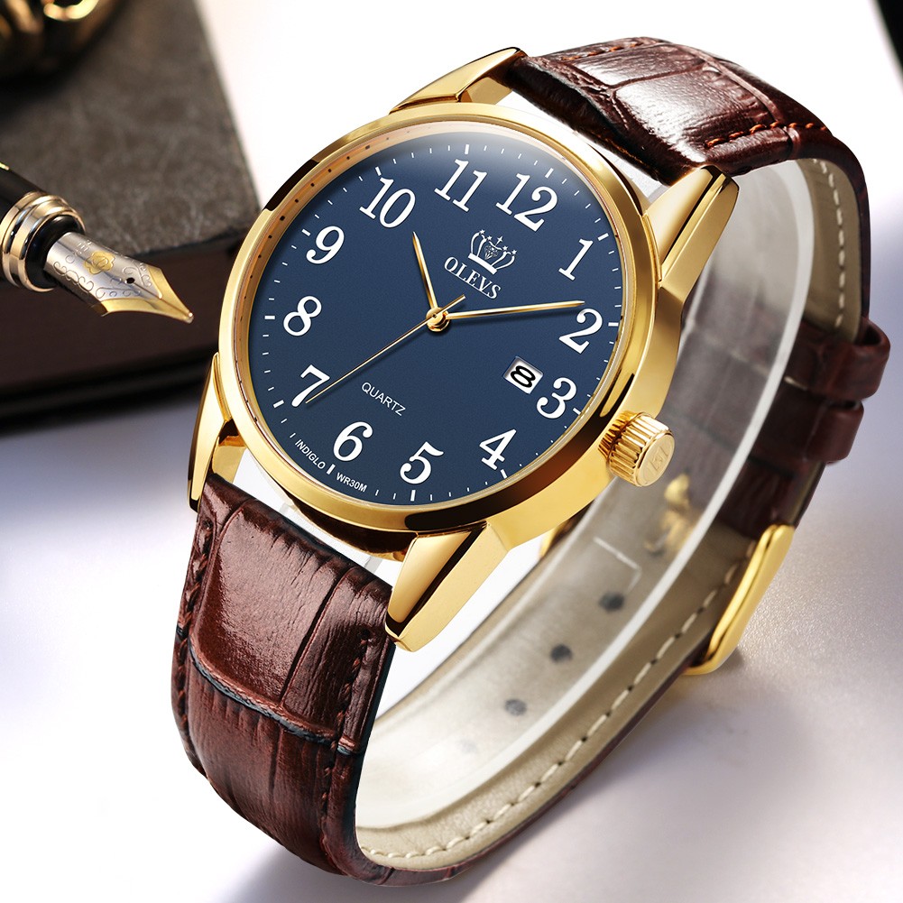 OLEVS Men's Quartz Watch 50M Waterproof GMT Premium Men's Watches Sports Leather Strap Men Wristwatches