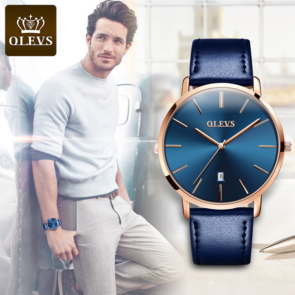 OLEVS Ultra-thin Men Watches Top Brand Fashion Casual Luxury Genuine Leather Japan Quartz Waterproof Wristwatch for Male