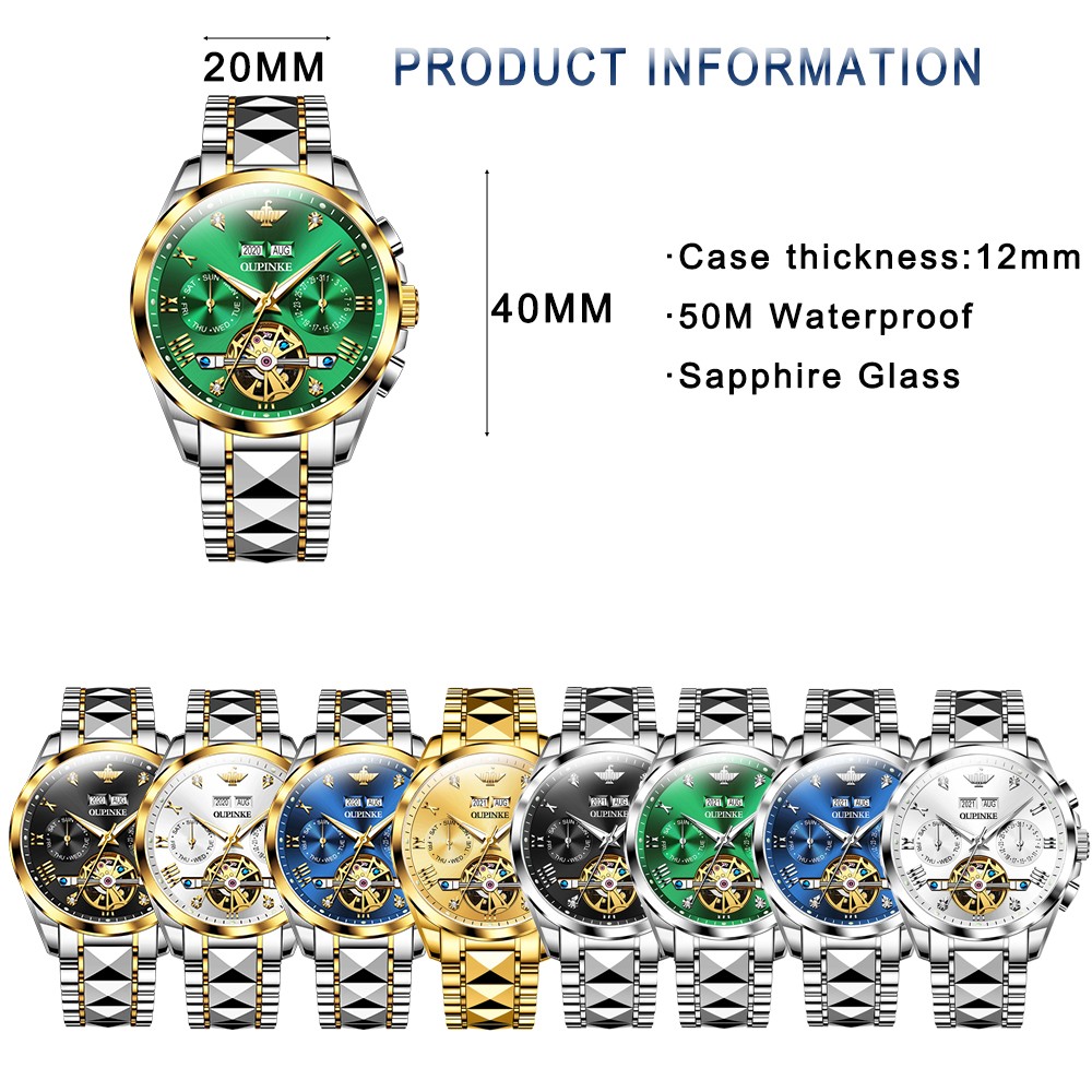 OUPINKE Automatic Men's Watches Mechanical Sapphire Glass Tourbillon Luxury Brand Wristwatch Waterproof relogio masculino 40