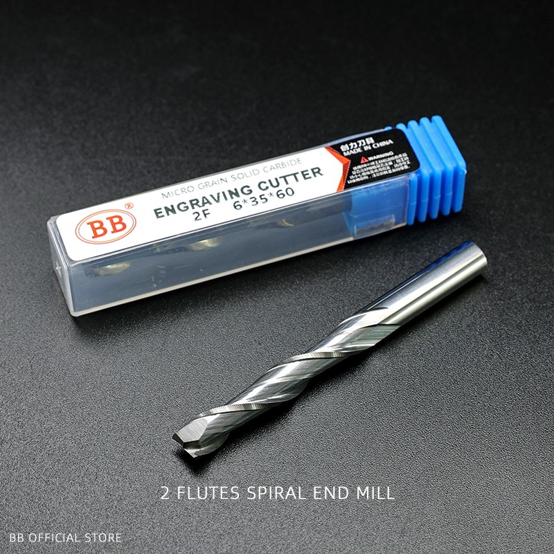 BB Engraving Cutter 2 Flutes Spiral Carbide Steel End Mill for Hard Plastic Acrylic PVC 6mm Router Bit