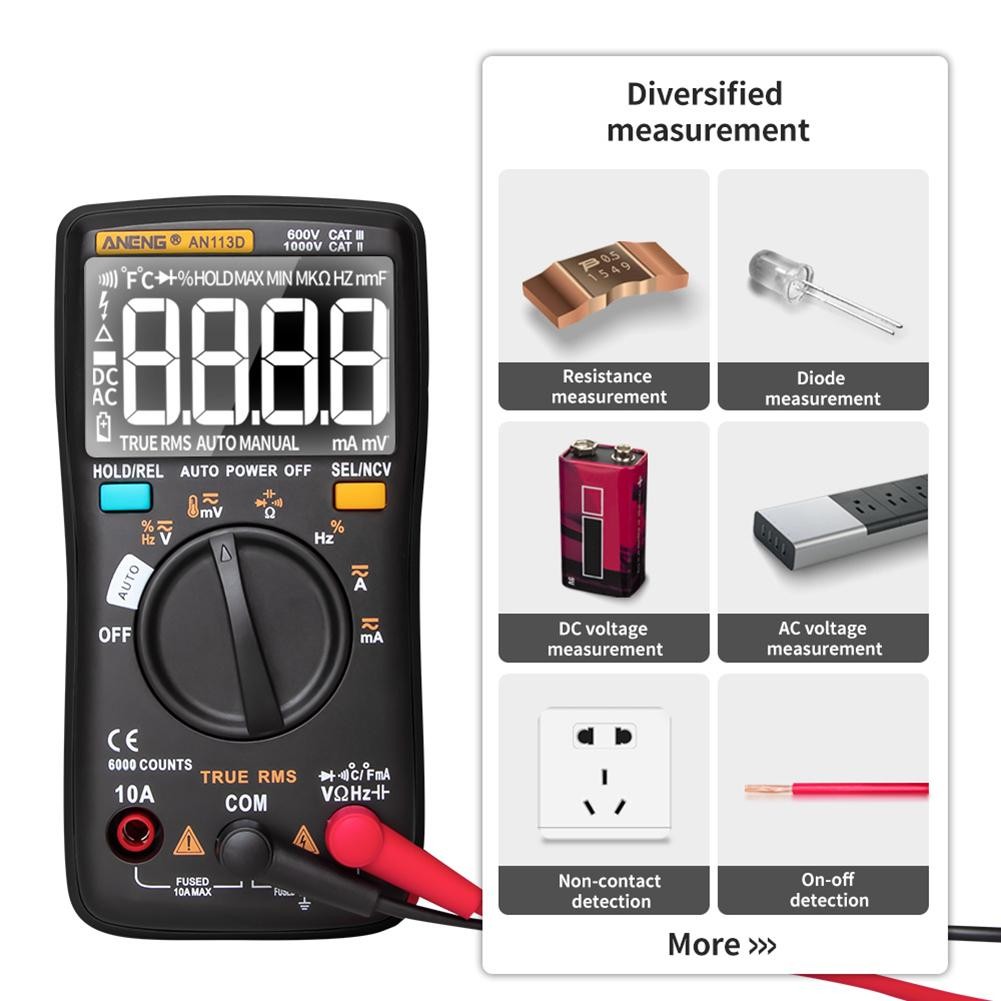 ANENG AN113D Digital Multimeter 6000 Counts Electricity Meter Tester Transistor Auto Rang AC/DC Voltage Calibrator Operations