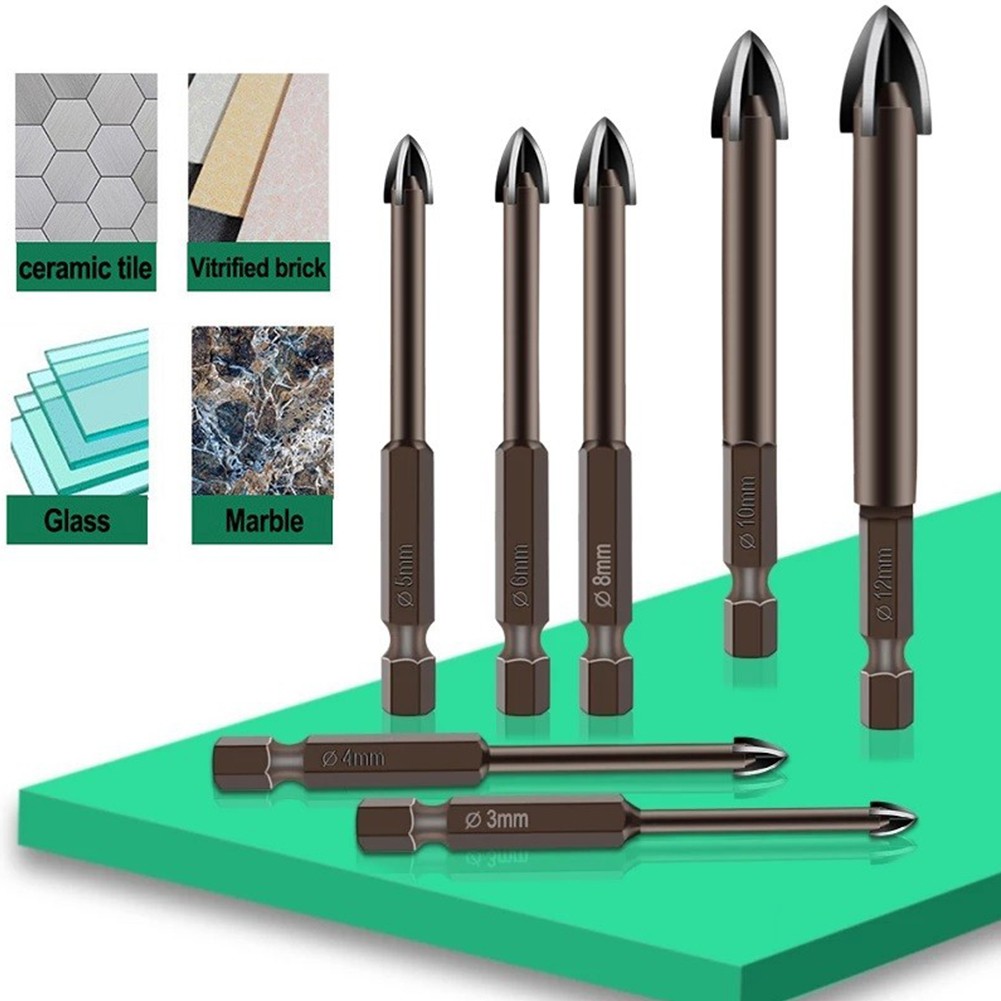 6/7pcs Glass Drill Bit Set Hex Tile Bits Cup Ceramic Concrete Hole Opener Carbide Point Tile Glass Cross Spear Head Drill Bi