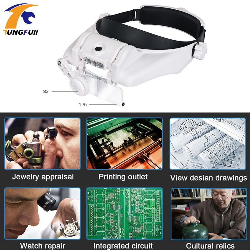 LED Headband Magnifier Hands Free Magnifying Glasses for Jewelry Loupe Watch Repair Electronic 1.5x2x2.5x3x3.5x8x Lens Loupe