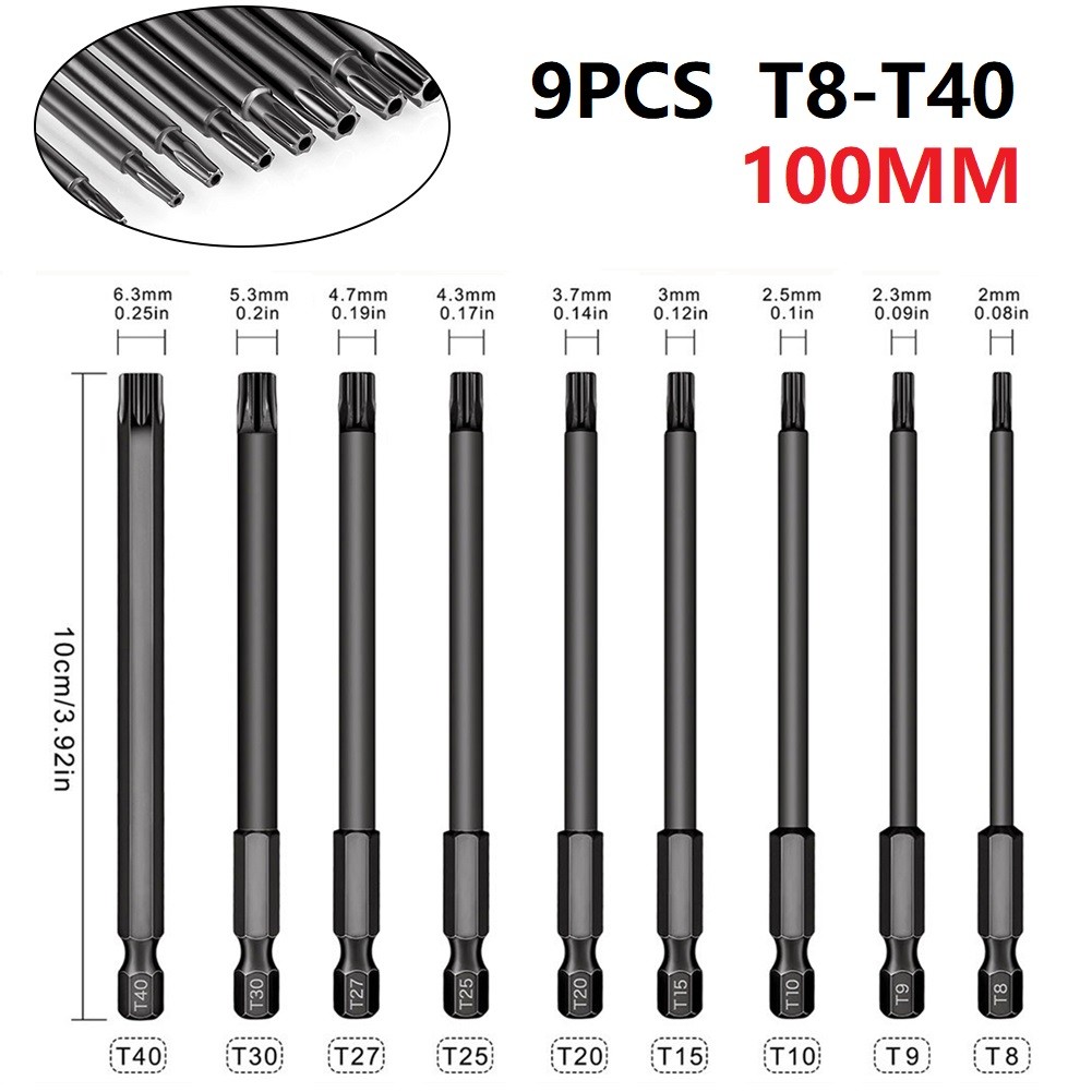 9pcs 100mm Steel Torx Hollow Screwdriver Bit Tool Set 1/4 Hex Torx Socket Set Handle Electrical Tools Screwdriver Set